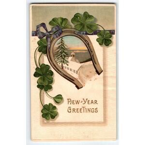 New Year Greetings Postcard Horse Shoe Shamrocks Snowy Tree Germany Embossed